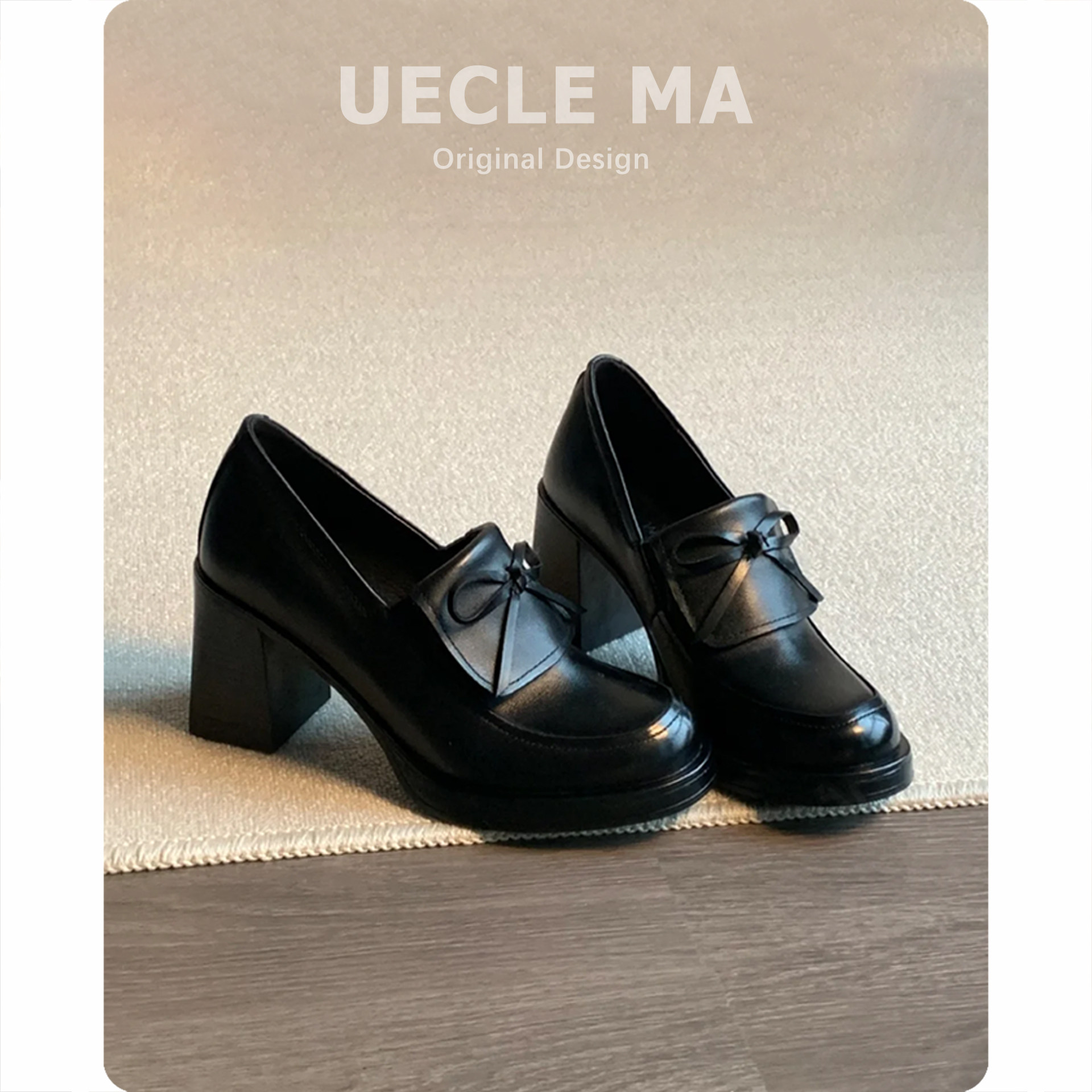 牛皮版~静音高跟鞋~通勤百搭乐福鞋女英伦风蝴蝶结单鞋复古小皮鞋主图