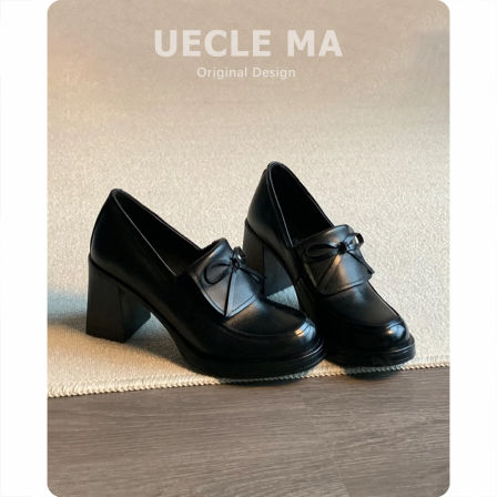牛皮版~静音高跟鞋~通勤百搭乐福鞋女英伦风蝴蝶结单鞋复古小皮鞋