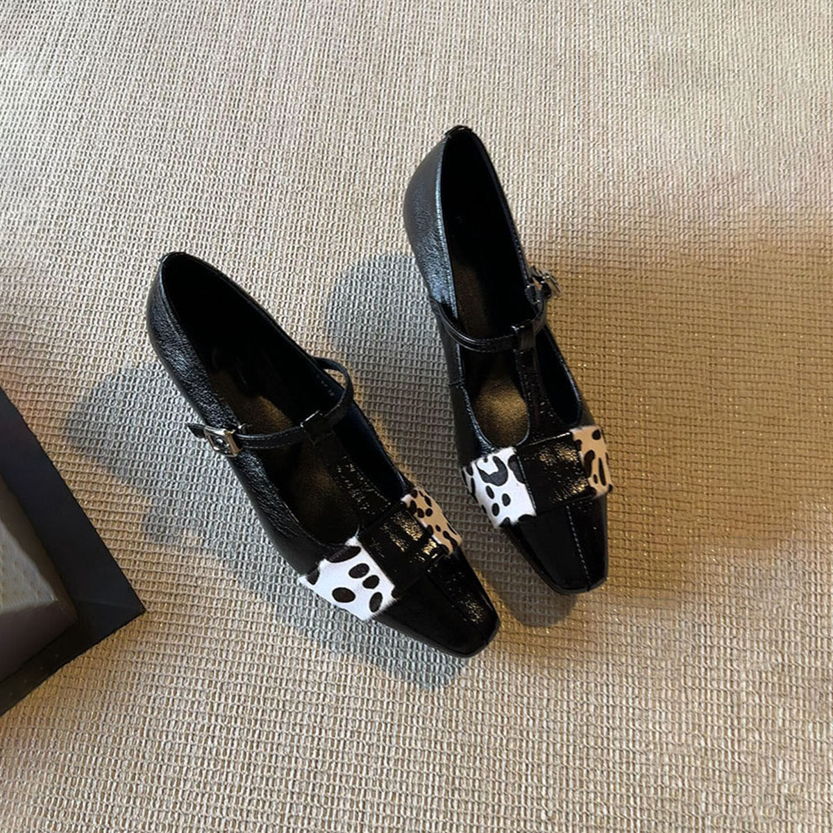 羊皮版~复古时髦气质小方头粗跟浅口玛丽珍鞋女通勤拼接百搭单鞋主图