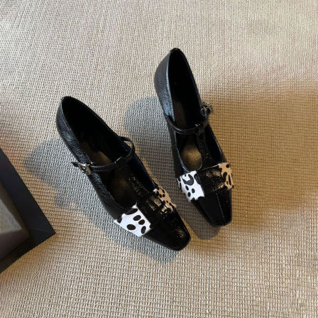 羊皮版~复古时髦气质小方头粗跟浅口玛丽珍鞋女通勤拼接百搭单鞋