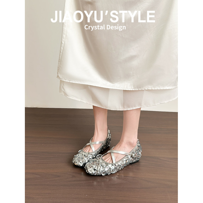 真皮~骄屿银色亮片芭蕾玛丽珍鞋交叉带蝴蝶结法式轻奢小香风单鞋主图