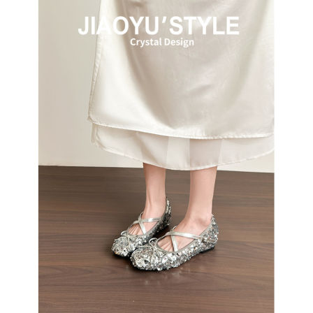 真皮~骄屿银色亮片芭蕾玛丽珍鞋交叉带蝴蝶结法式轻奢小香风单鞋