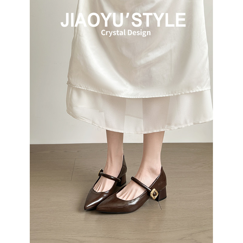 真皮~骄屿法式尖头玛丽珍高跟鞋女不累脚内增高新款浅口通勤单鞋主图