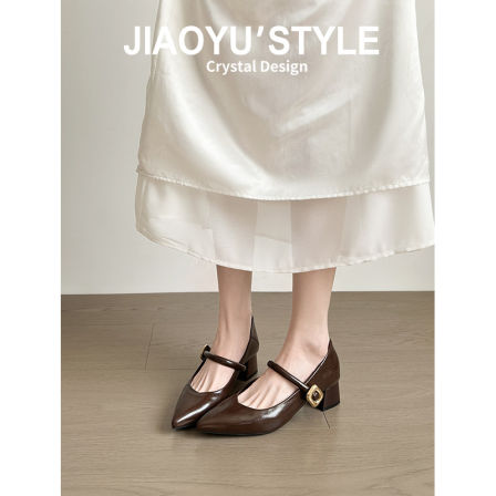 真皮~骄屿法式尖头玛丽珍高跟鞋女不累脚内增高新款浅口通勤单鞋