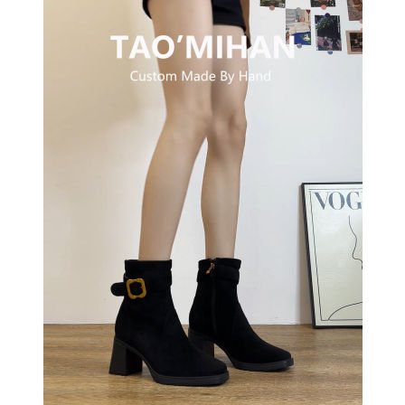 真皮~巨好看高跟加绒短靴女2025秋冬季新款粗跟绒面弹力瘦瘦靴子