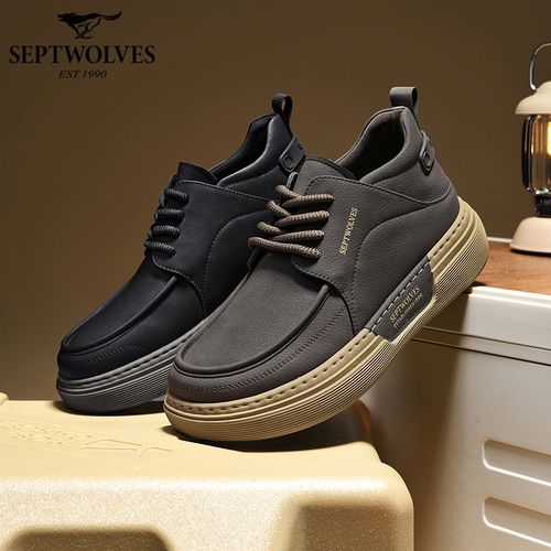 七匹狼男鞋耐磨圆头系带英伦风减震休闲皮鞋秋季黑色鞋子防滑高帮主图