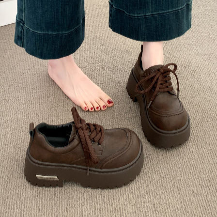 棕色厚底小皮鞋女款2026新款春季小个子增高松糕英伦风乐福单鞋子