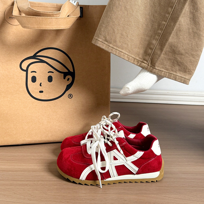 红色拼色德训鞋女2026春季新款百搭休闲阿甘鞋系带板鞋轻便运动鞋主图