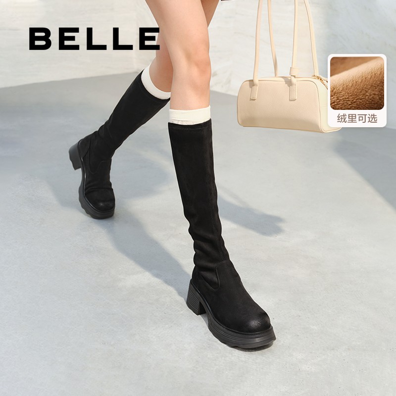 百丽厚底显瘦高长弹力靴女鞋冬季加绒粗跟时尚百搭长筒靴瘦瘦靴子主图