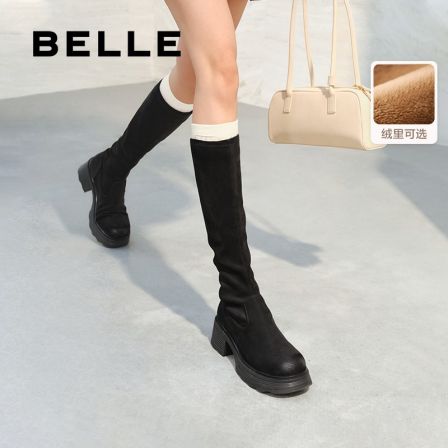 百丽厚底显瘦高长弹力靴女鞋冬季加绒粗跟时尚百搭长筒靴瘦瘦靴子