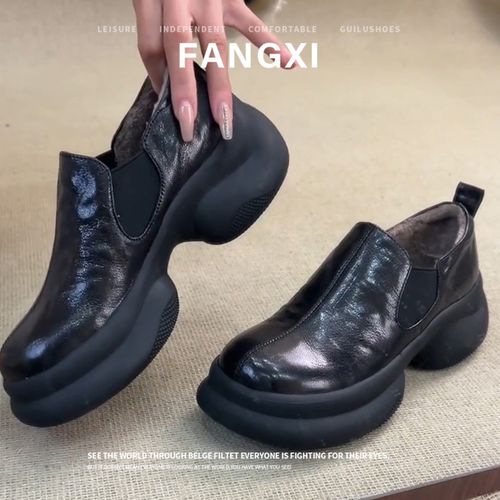 羊皮版~2026年新款圆头厚底小皮鞋女松糕底深口一脚蹬英伦风单鞋主图