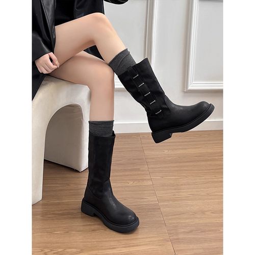 牛皮版~英伦风厚底金属扣中筒靴女圆头黑色复古骑士靴短靴马丁靴主图