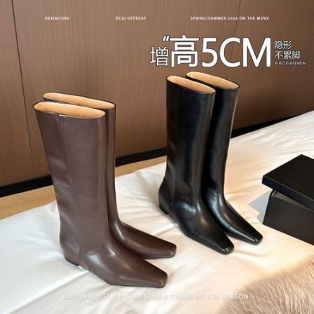 真皮复古方头内增高直筒时装短靴女2026新款显瘦骑士靴不过膝长靴