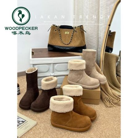 啄木鸟内增高雪地靴女2025冬季新款时尚厚底短靴两穿加绒保暖棉鞋