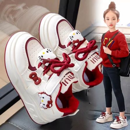 官网C&K红色女童鞋子板鞋2026款春季软底儿童运动小白鞋女孩kt猫