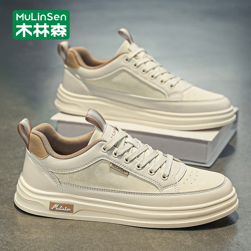 木林森鞋子男鞋2026新款春季运动休闲板鞋男士皮面软底小白鞋潮鞋主图