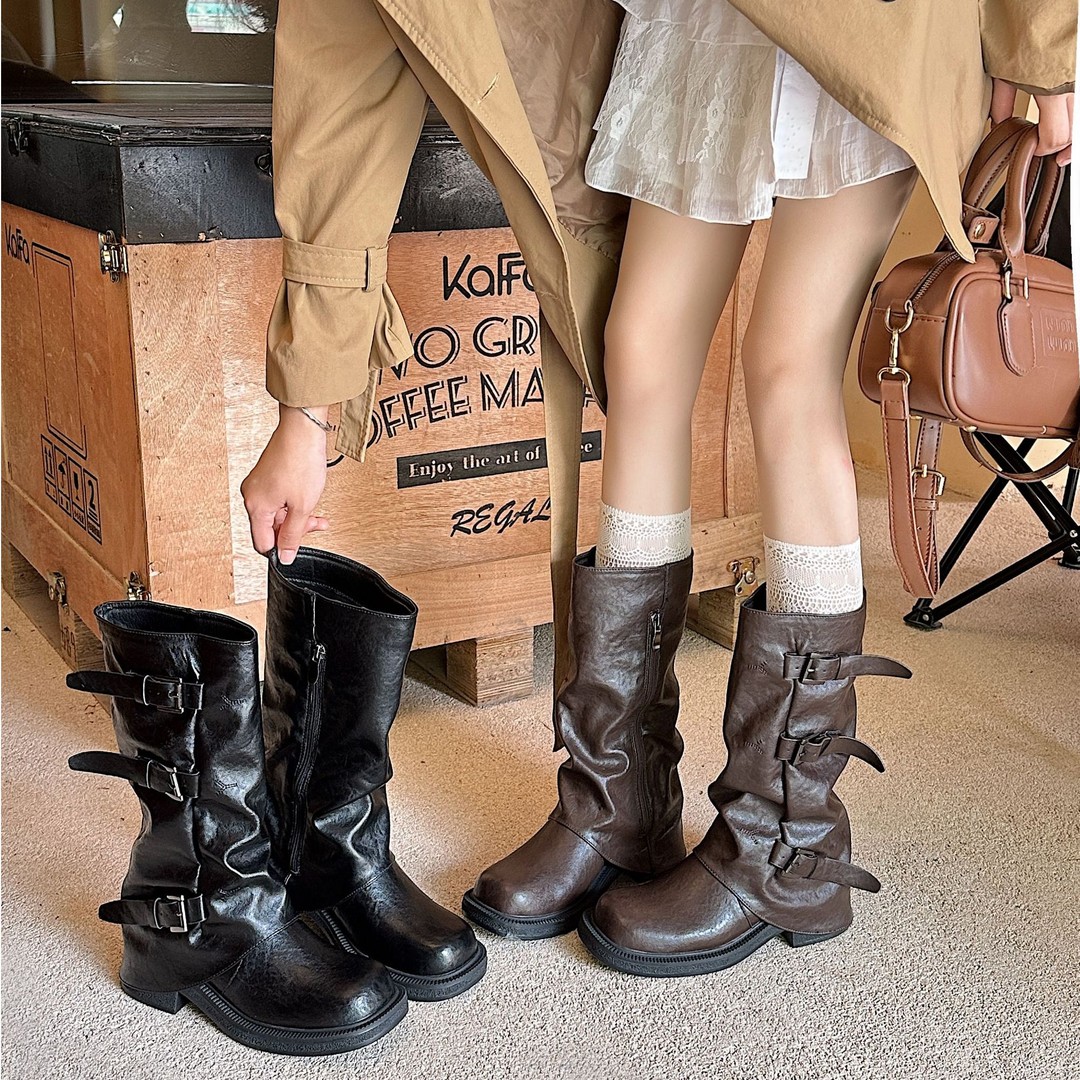 粗跟裤管靴骑士靴中长筒马丁靴堆堆靴主图