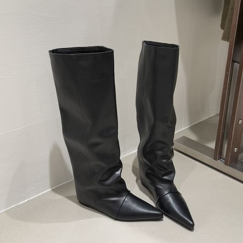 内增高7cm~老钱风气质尖头坡跟高筒靴子显瘦裤管靴褶皱不过膝长靴主图