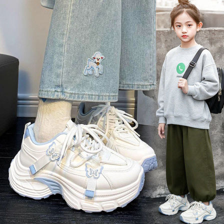 女童鞋小白鞋春季2026新款儿童皮面运动鞋大童12岁女孩时尚老爹鞋