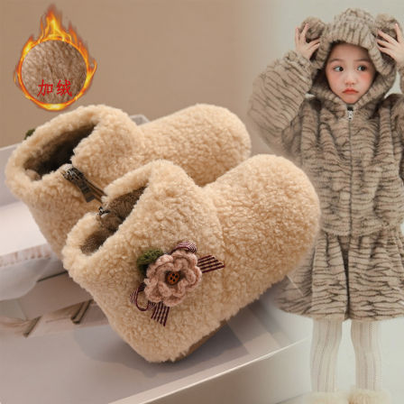女童公主毛毛靴2025冬季新款儿童加绒保暖短靴小女孩软底大棉靴子