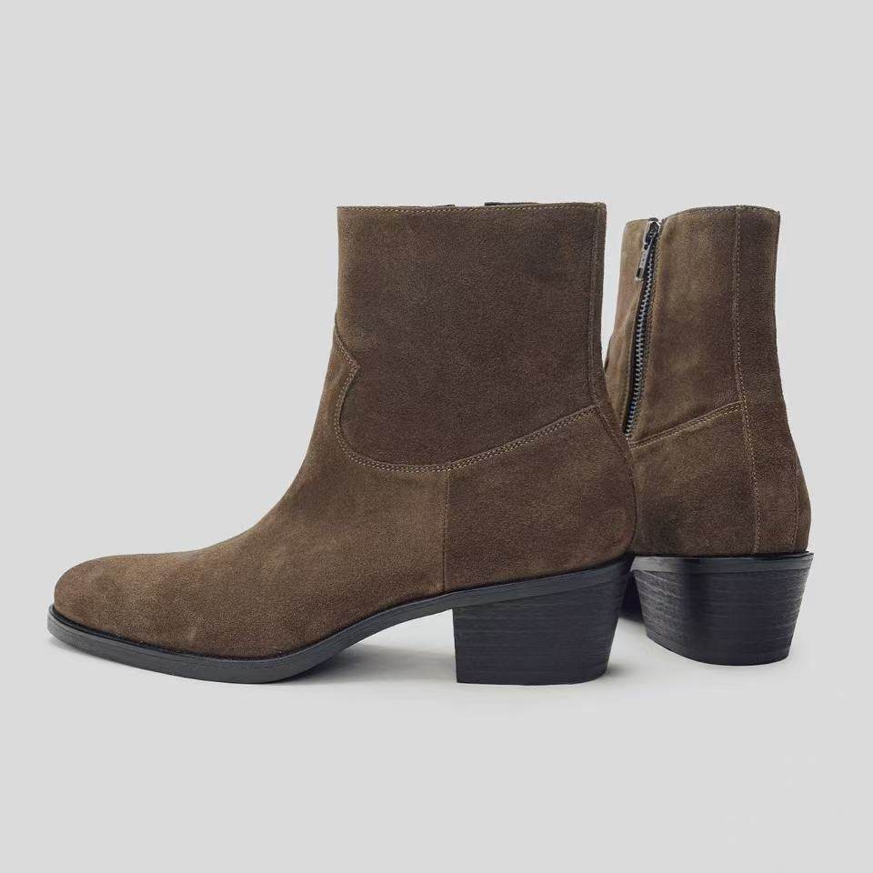 NO LOGO / Cowboy Boot 棕色高丝光牛反绒木底尖头切尔西靴西部靴主图