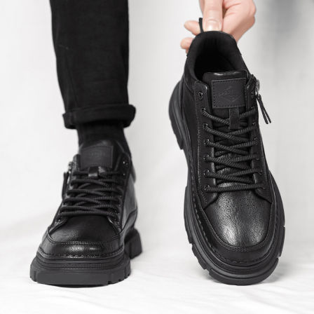 海澜之家男鞋秋冬季中帮马丁靴男侧拉链黑色休闲皮鞋工装板鞋潮鞋