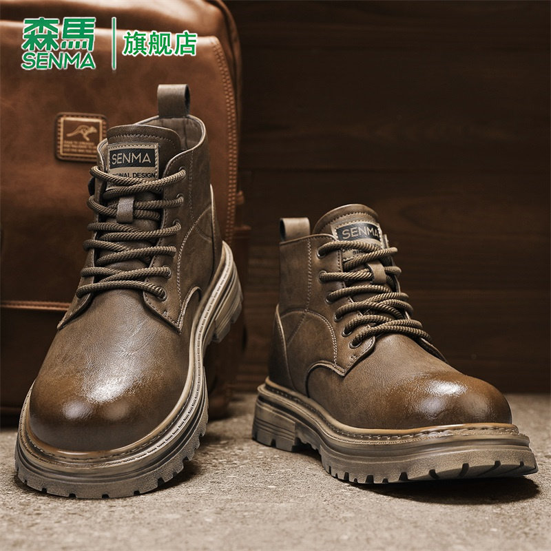 森马马丁靴男鞋冬季复古英伦真皮工装靴男士高帮厚底运动机车皮靴主图
