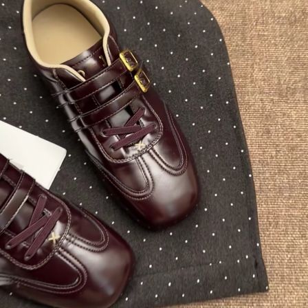 德训鞋女复古小皮鞋春季新款魔术贴深棕色皮带扣方头休闲百搭单鞋