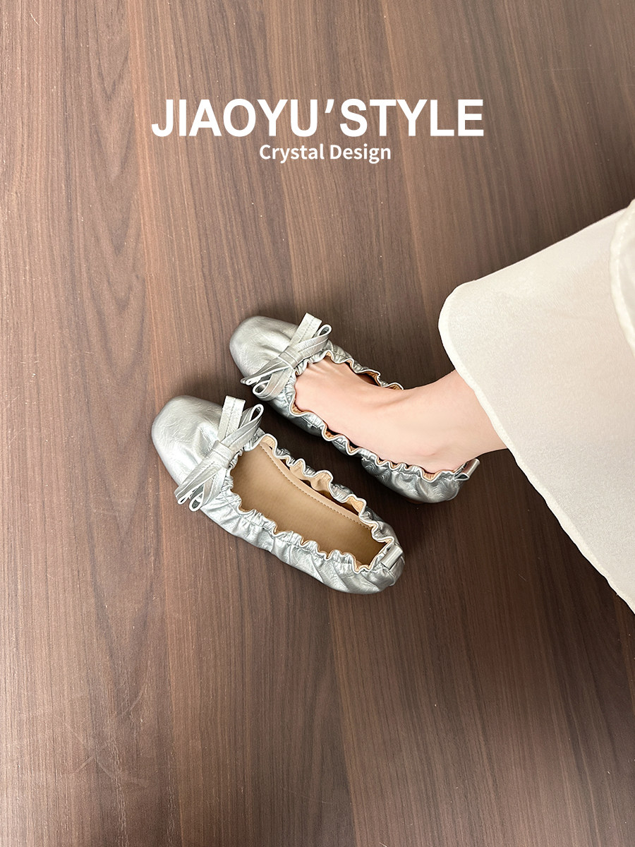 真皮~骄屿复古褶皱蝴蝶结平底芭蕾玛丽珍鞋百搭通勤浅口小红单鞋主图