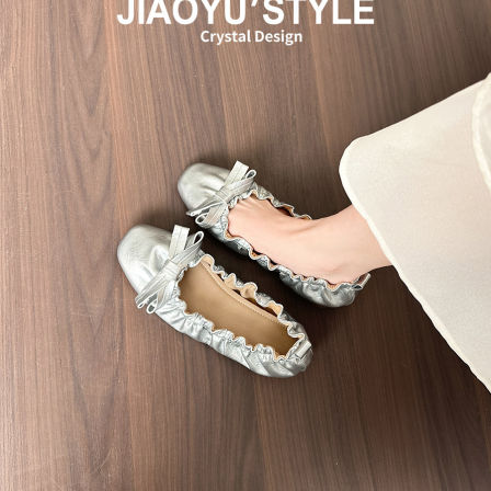 真皮~骄屿复古褶皱蝴蝶结平底芭蕾玛丽珍鞋百搭通勤浅口小红单鞋