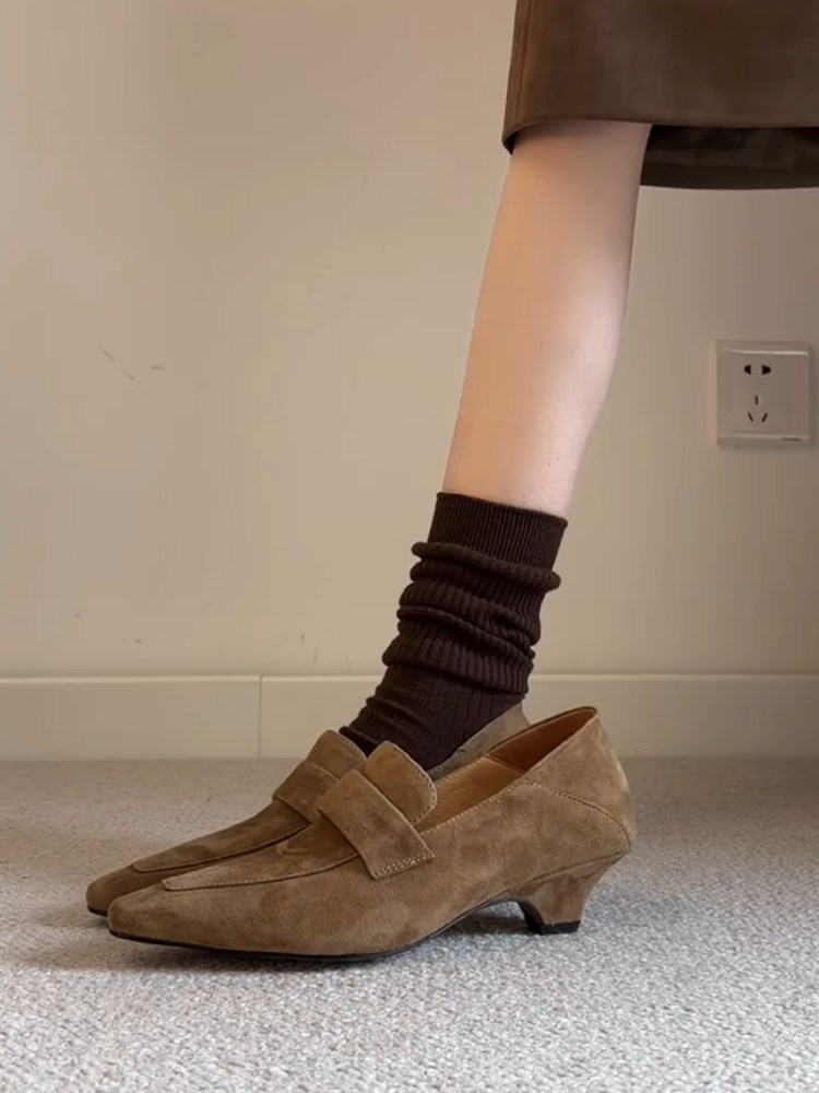 羊皮版~复古反绒皮简约气质乐福鞋女尖头显瘦小高跟一脚蹬小皮鞋主图