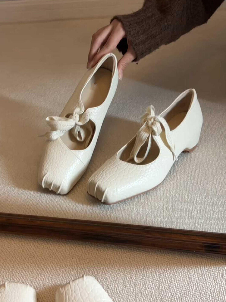 羊皮版~白色温柔方头芭蕾鞋女真皮系带浅口内增高软皮玛丽珍单鞋主图