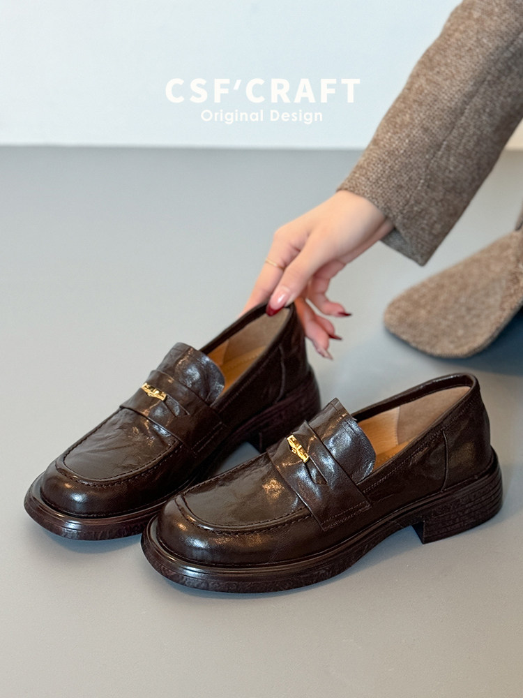 超软羊皮~复古英伦风一脚蹬乐福鞋女2026新款金币小皮鞋通勤单鞋主图