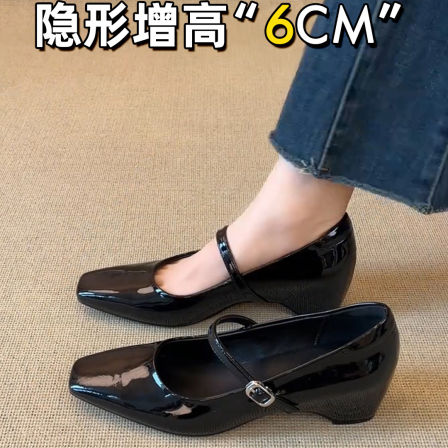 真皮法式超火绝美一字带浅口玛丽珍鞋女小个子内增高通勤尖头包鞋
