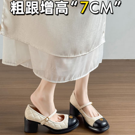 真皮~不二鞋坊法式粗跟小香风单鞋女2026春新款厚底玛丽珍高跟鞋