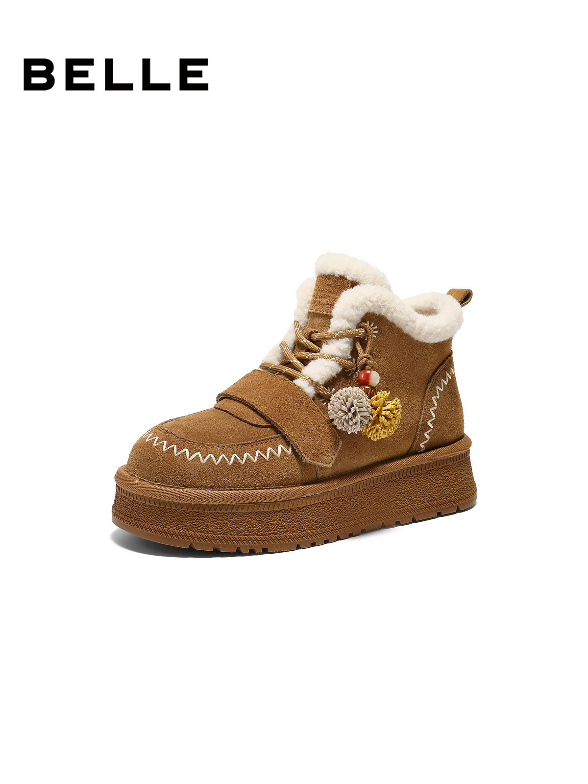 百丽女鞋姜饼屋厚底加绒棉鞋保暖增高毛毛靴短靴主图