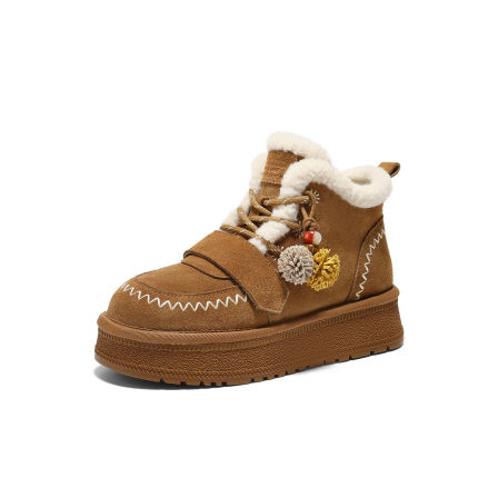 百丽女鞋姜饼屋厚底加绒棉鞋保暖增高毛毛靴短靴