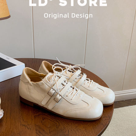 真皮~内增高德训鞋女2026春复古芭蕾风阿甘鞋平底系带方头休闲鞋