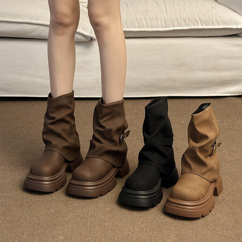 厚底短靴子女夏2026新款春季英伦风马丁靴棕色美拉德堆堆靴裤管靴主图