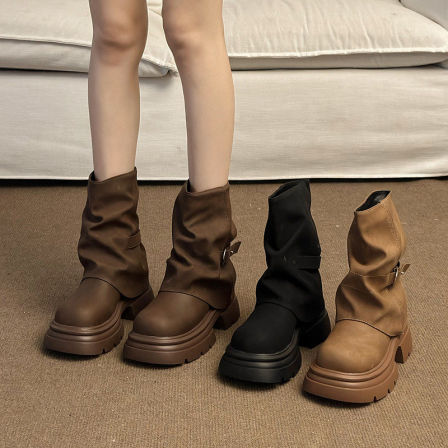 厚底短靴子女夏2026新款春季英伦风马丁靴棕色美拉德堆堆靴裤管靴