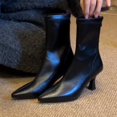 法式黑色尖头细跟高跟弹力瘦瘦靴女百搭短靴软皮黑色瘦瘦靴弹力靴
