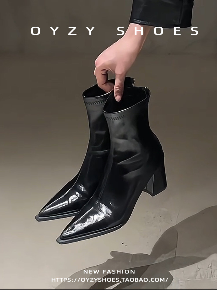 秋冬新款尖头高跟瘦瘦靴女法式粗跟复古后拉链软皮短靴弹力时装靴主图