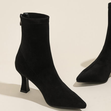 尖头细跟短靴女高跟鞋绒面弹力瘦瘦靴时尚气质黑色后拉链秋冬新款