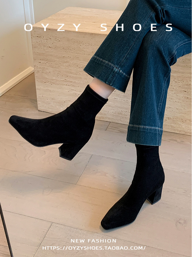 韩版弹力靴绒面粗跟短靴女冬季方头瘦瘦靴黑色时装靴高跟鞋后拉链主图