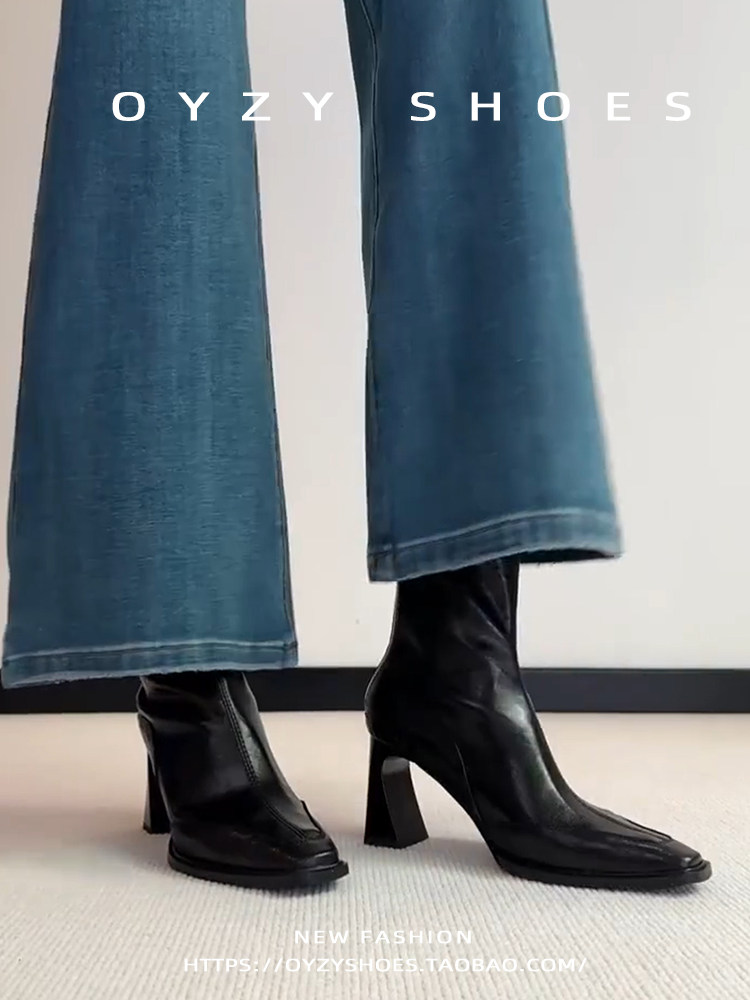 高跟鞋女秋冬新款黑色法式粗跟短靴弹力瘦瘦靴马丁靴子黑色后拉链主图