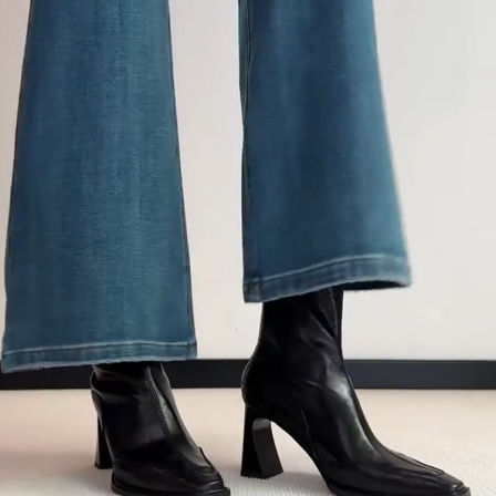 高跟鞋女秋冬新款黑色法式粗跟短靴弹力瘦瘦靴马丁靴子黑色后拉链