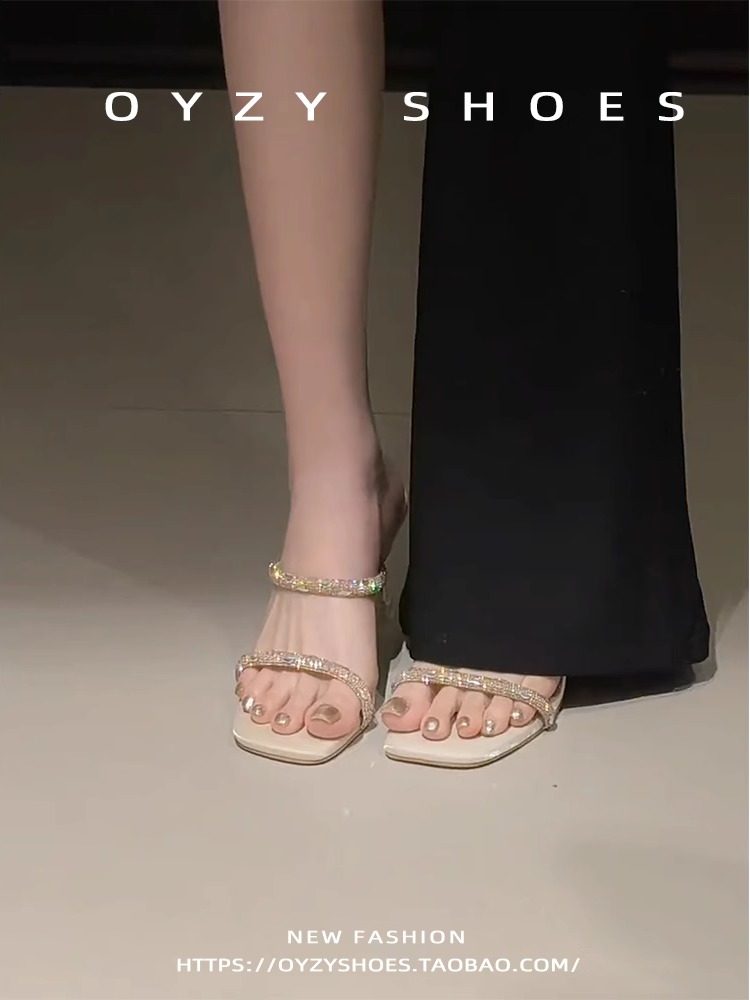 绝美水钻一字带凉拖女外穿夏季新款细跟透明仙女风鞋高跟鞋凉鞋女主图