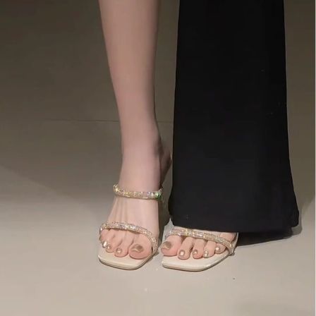 绝美水钻一字带凉拖女外穿夏季新款细跟透明仙女风鞋高跟鞋凉鞋女