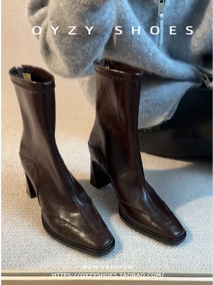 秋冬新款方头高跟鞋瘦瘦靴女法式粗跟复古后拉链短靴弹力时装靴女主图