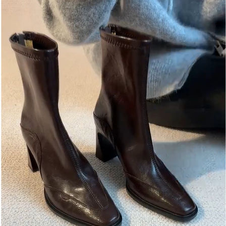 秋冬新款方头高跟鞋瘦瘦靴女法式粗跟复古后拉链短靴弹力时装靴女